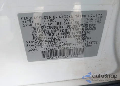 2020 Nissan Kicks S Xtronic Cvt z USA, uszkodzony, nr VIN 3N1CP5BV8LL497033